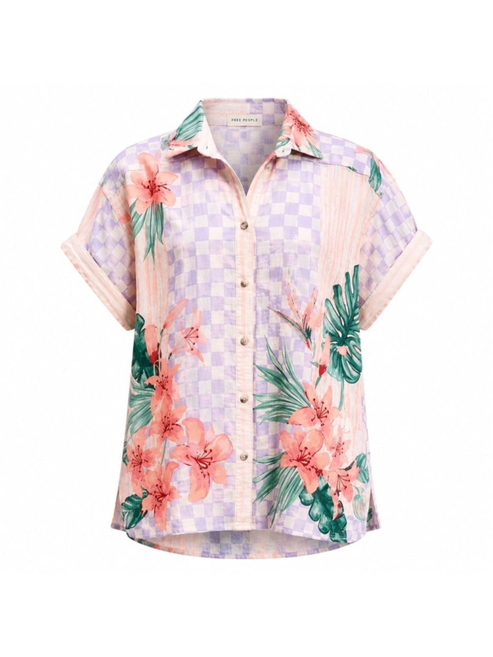 Free People Retro Tropics Button Up Shirt Sunset Combo Floral Check Sz S Resort